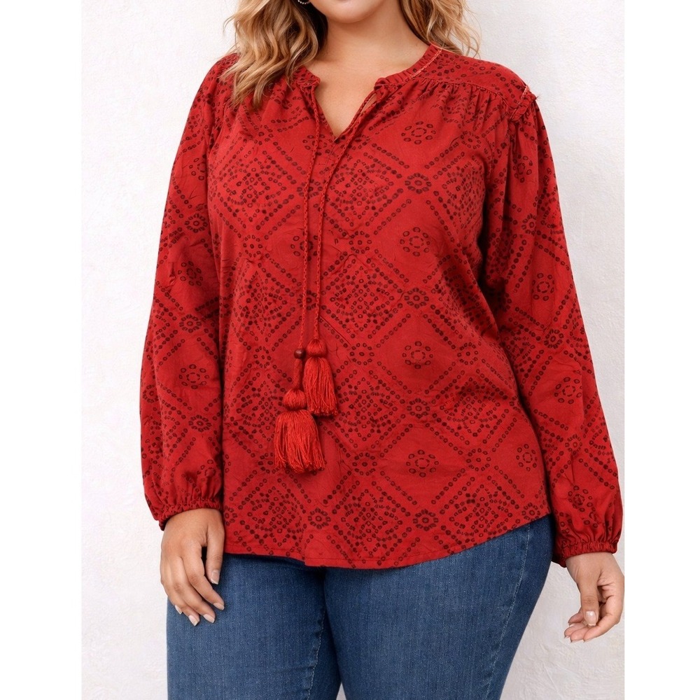 Pyramid Collection Red Boho Peasant Blouse‎ Tassel Tie Long Sleeve Size L